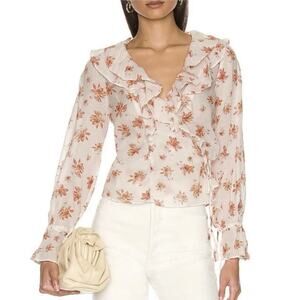 Free People Amanda Ruffle Wrap Top Ivory Combo Floral Print Long Sleeve - Size L